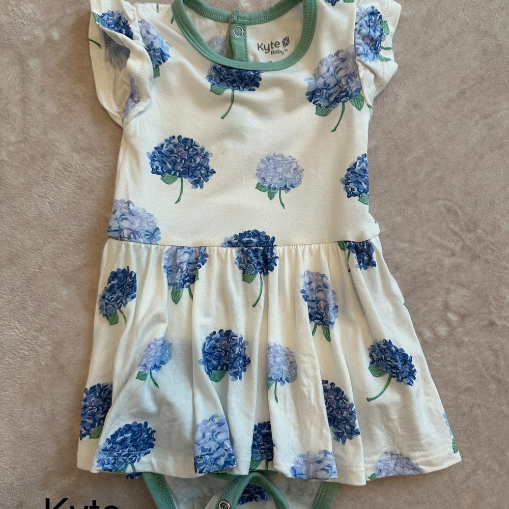Kyte BABY White Dress Bodysuit with Blue Hydrangea Print